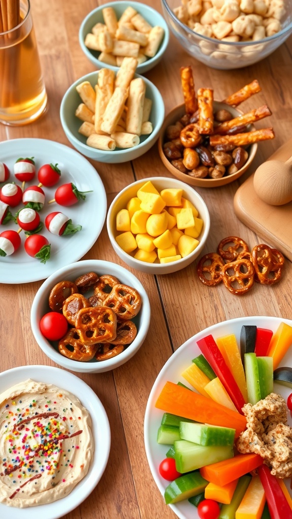 A colorful assortment of snacks including Caprese skewers, roasted chickpeas, chocolate-dipped pretzels, and a veggie platter.